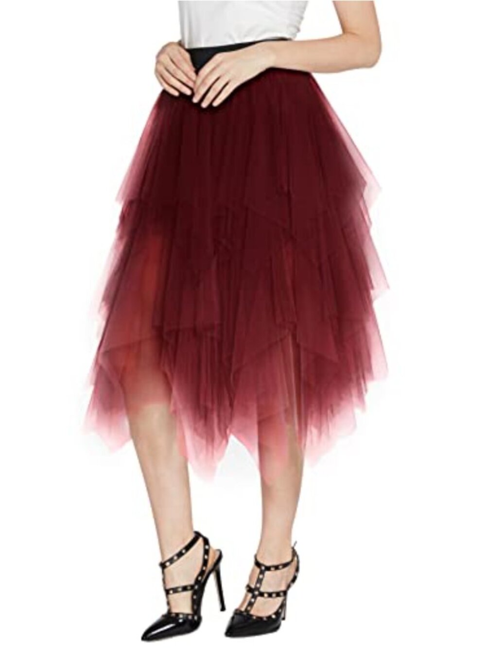 Sheer Tutu Midi Skirt High Waist Handkerchief Tulle Layered Party Dressy Dance